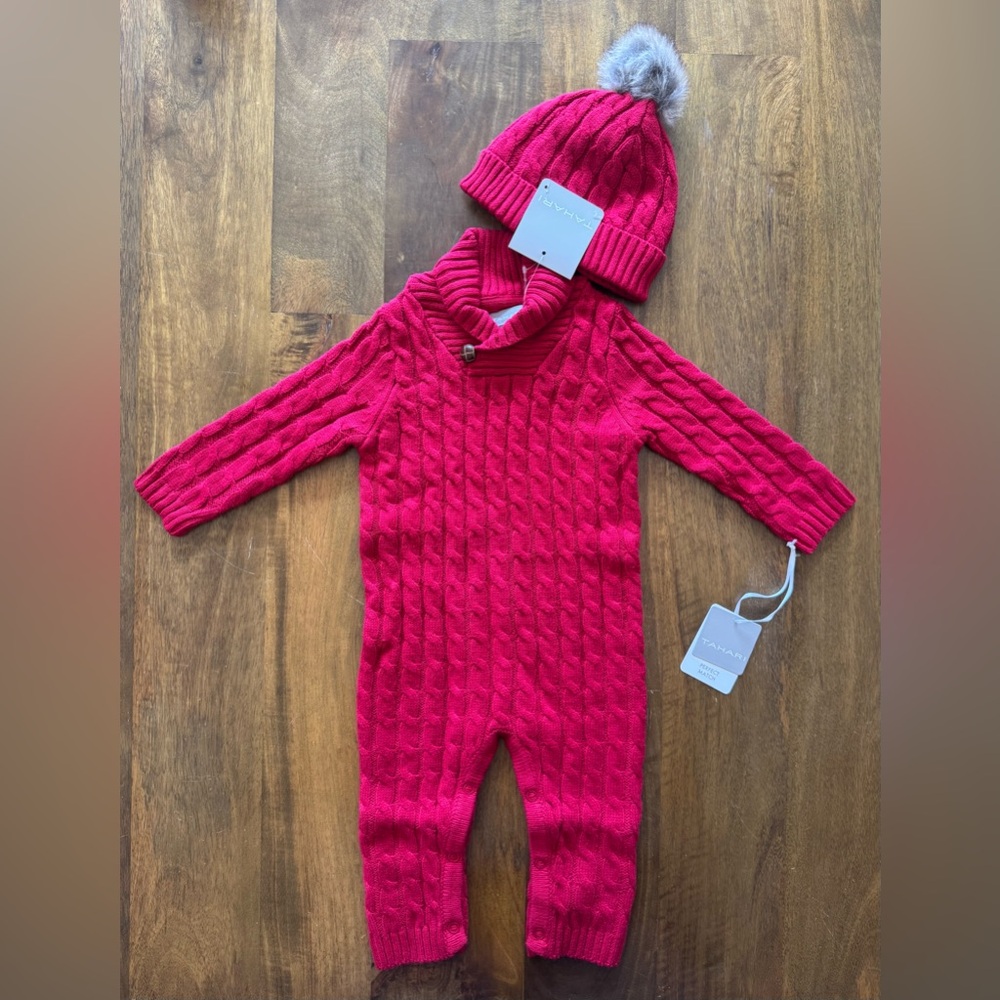 Tahari baby infant red one piece knit sweater romper + hat size 6-9M